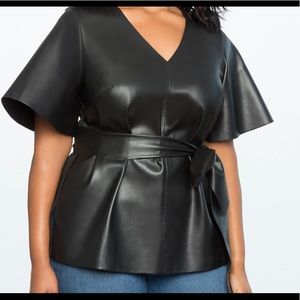 Black faux leather peplum top(round neck)